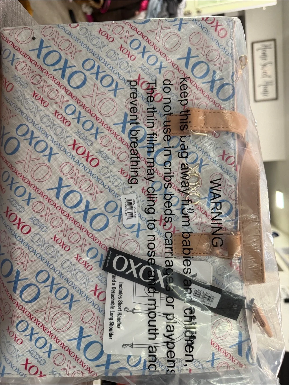 OXO Blue & Red XOXO Pattern Tote with Tan Handles